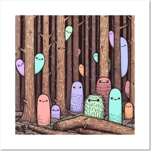 Spooky woods with cute creepy creatures - Haunted Forest Colorful Creatures Posters and Art